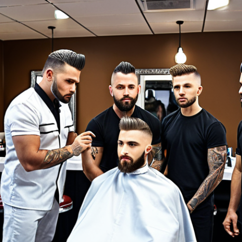Home 8 **
A team of skilled barbers ("Brad" barbershop team) working in a stylish, modern barbershop. Focus on the artistry and passion of the barbers as they craft unique hairstyles for their clients. Show a mix of classic and trendy styles being created.
**