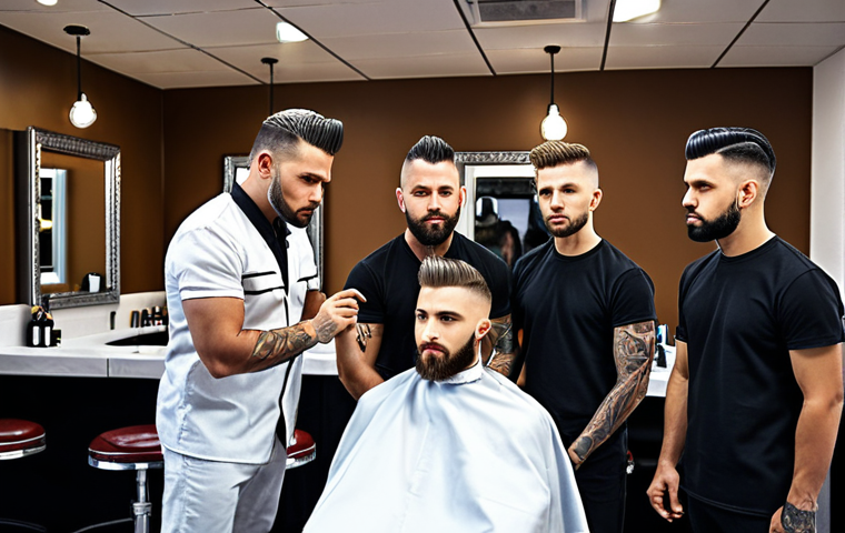 **
A team of skilled barbers ("Brad" barbershop team) working in a stylish, modern barbershop. Focus on the artistry and passion of the barbers as they craft unique hairstyles for their clients. Show a mix of classic and trendy styles being created.
**